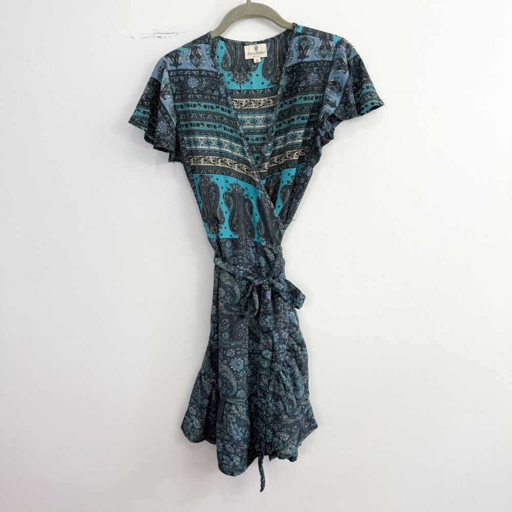 Perry Walker Collective Silk Blend Paisley Wrap Mini Dress Size S